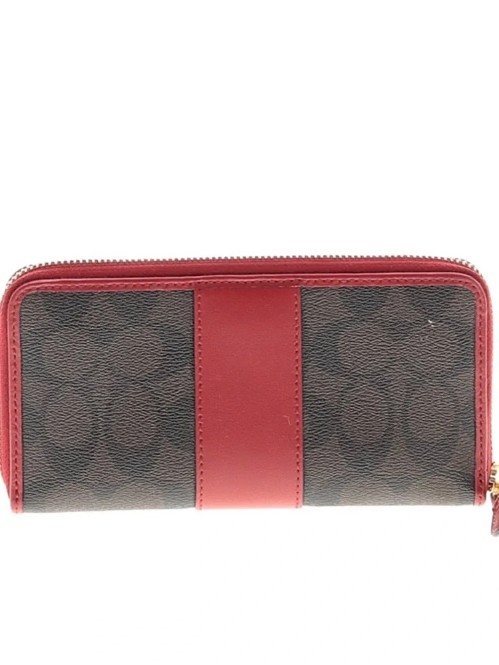 Coach Brown Signature Zip Wallet with Red Trim